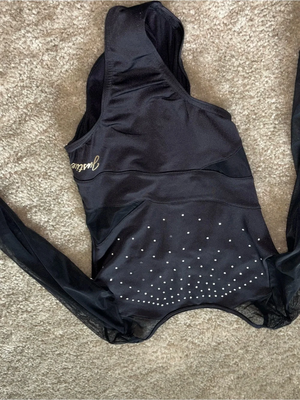 Black Long-Sleeve Kids One-Piece Leotard with Rhinestone Detail